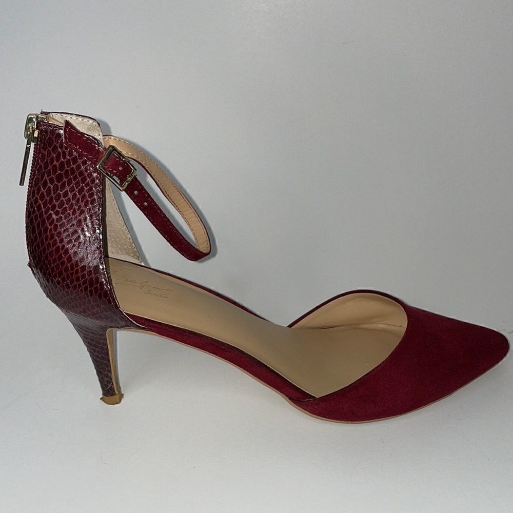 Thalia Sodi Ankle Strap Pumps Womens 11M Burgundy Excellent Snake Embossed Heels